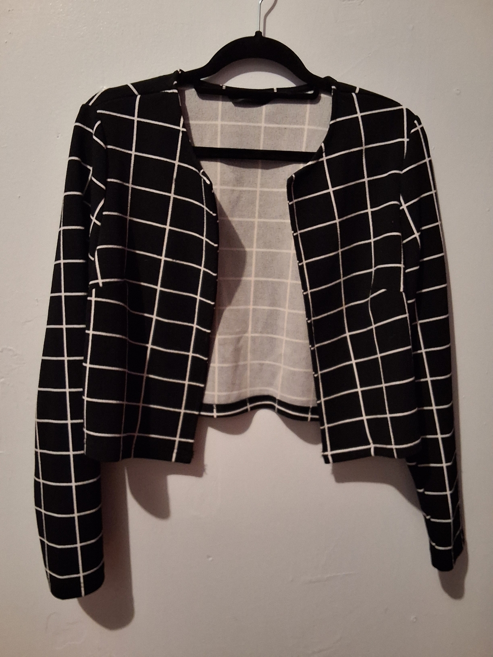 SHEIN Black & White Windowpane Open-Front Cropped Blazer
